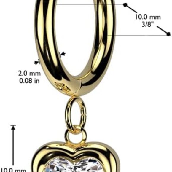 18GA Stainless Steel CZ Heart Dangling Huggie Hoop Earrings for Men, Gold Tone, - Picture 2 of 4